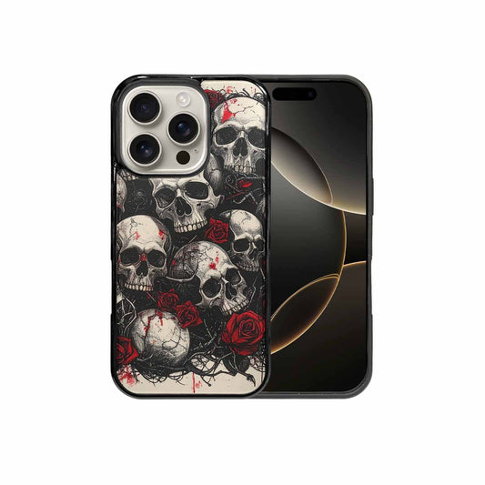 iPhone 16 Pro Case — Skull And Roses Black Red Ink, Custom Printed Phone Case