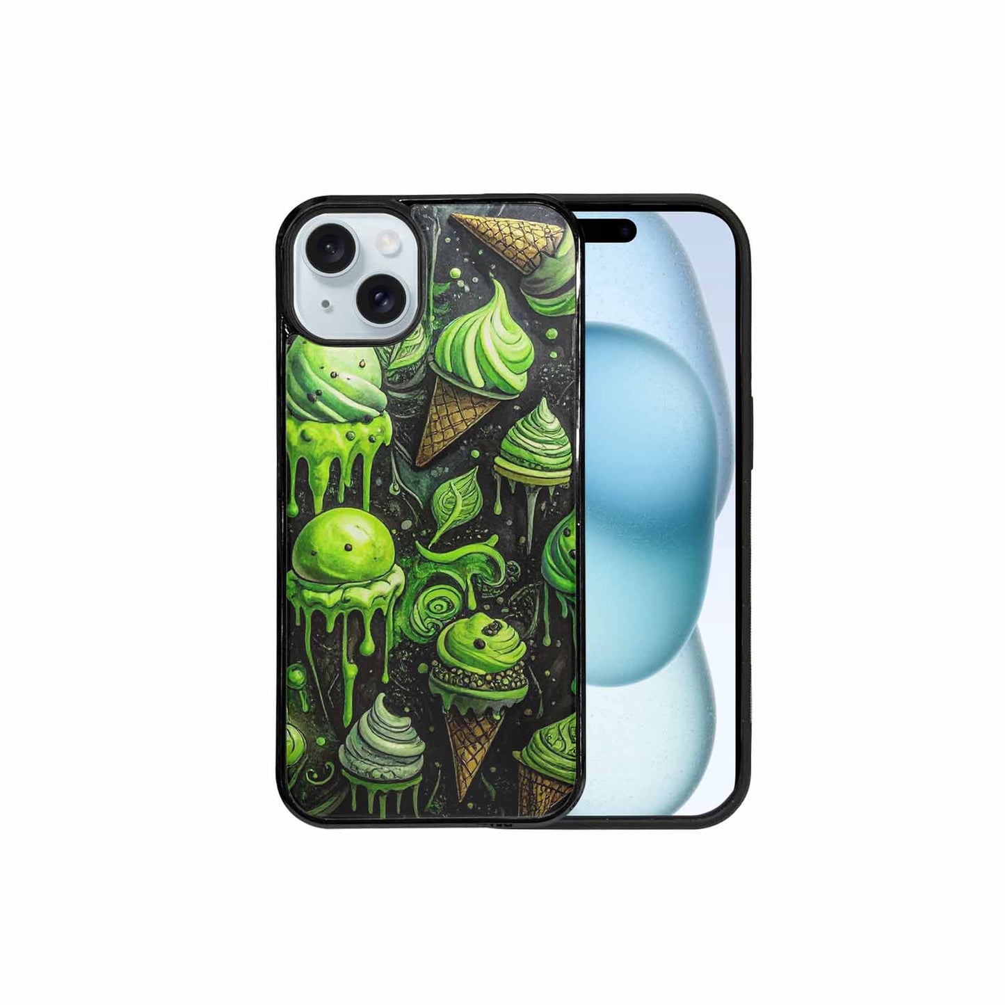 iPhone 15 Plus Case — Ice Cream Motif Black Green Ink, Original Design Phone Case