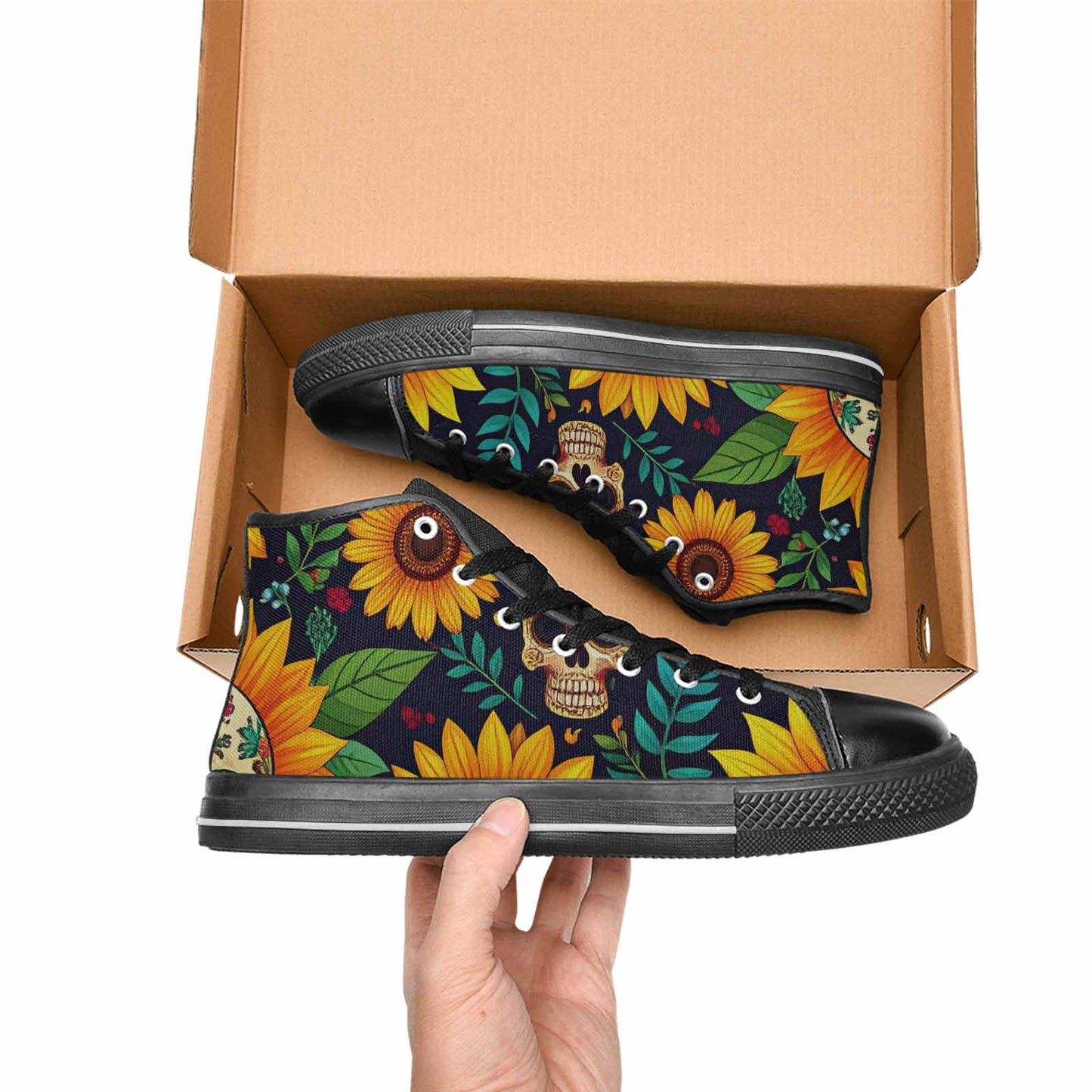 MEN'S Sunflowers And Skulls High Top Canvas Surreal Shoes