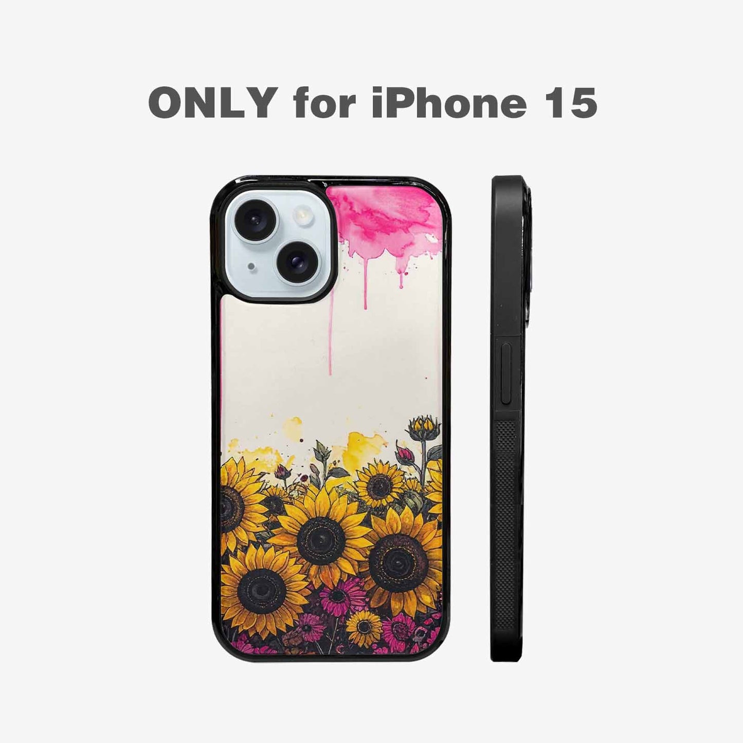 iPhone 15 Case — Sunflower Burst Black Pink Ink Sunflowers, Custom Phone Case