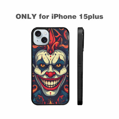 iPhone 15 Plus Case — Evil Circus Heads Faces Overlapping Patterns, Custom Print Case Cover