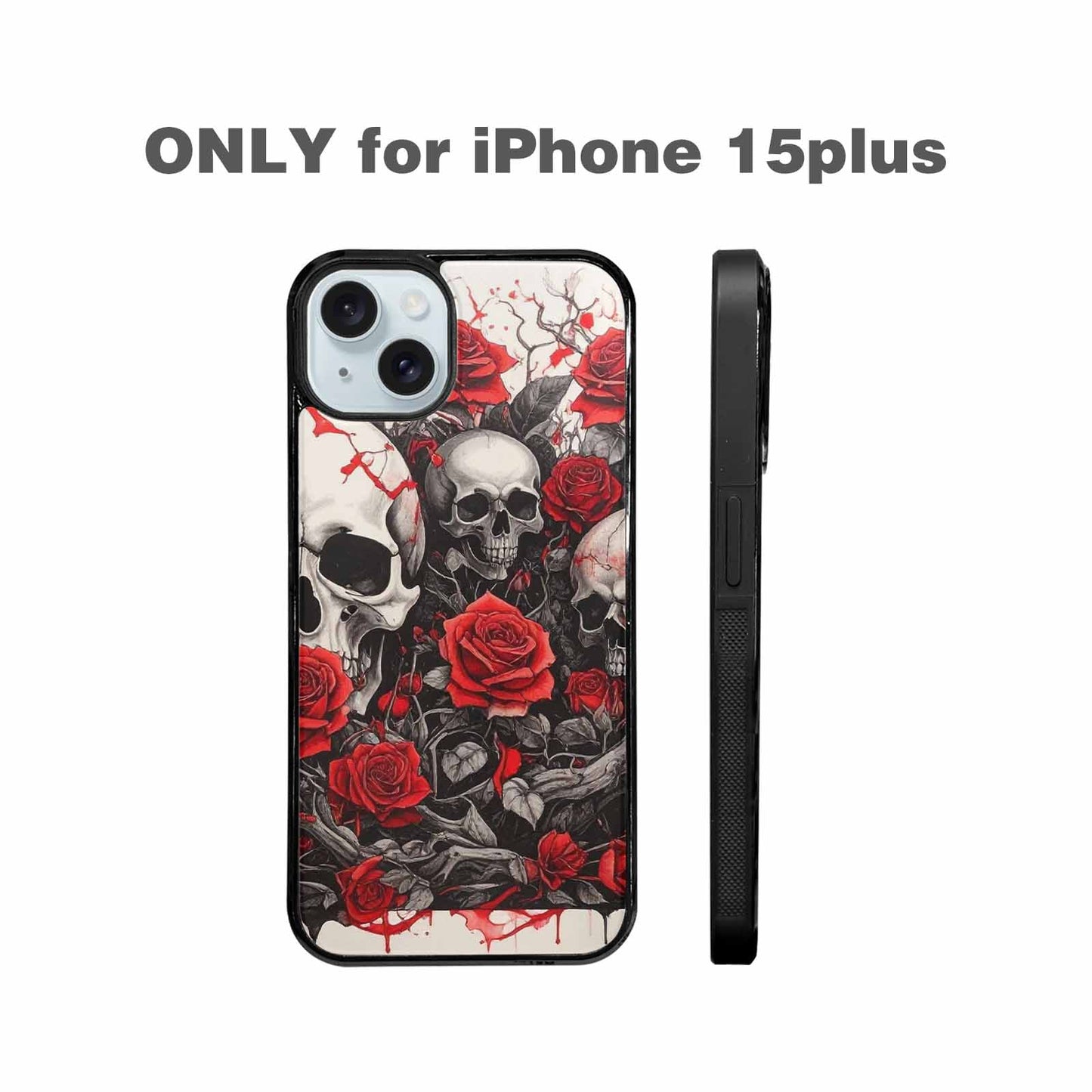 iPhone 15 Plus Case — Skull And Roses Black Red Ink, Unique Phone Case Design