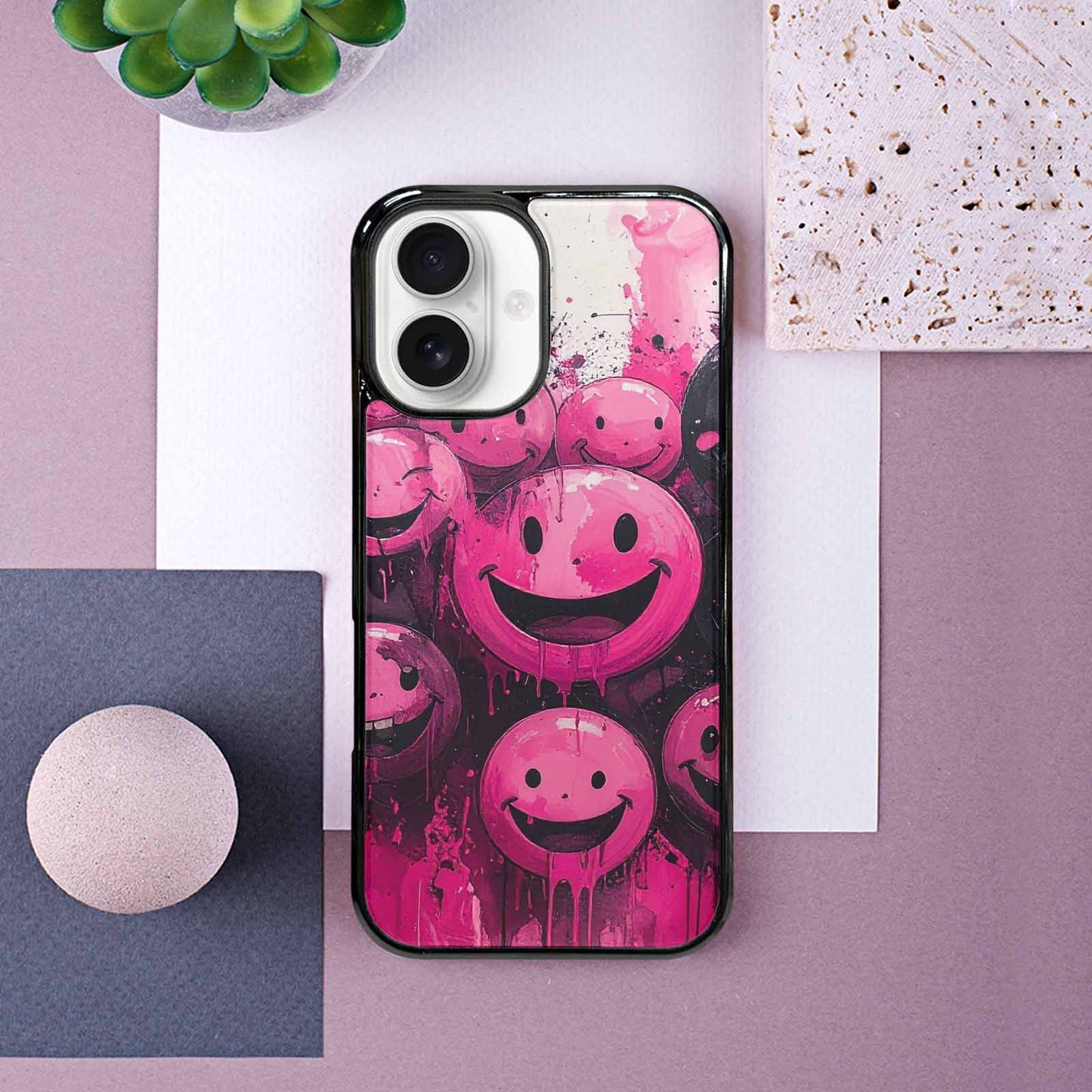 iPhone 16 Case — Melting Moon Smiley Black Pink Ink, Original Design Phone Case