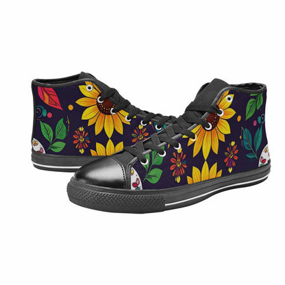 WOMEN'S Sunflowers And Skulls High Top Canvas Vibrant Chaos Custom Sneakers
