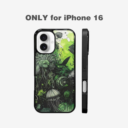 iPhone 16 Case — Sea Creature Burst Black Green Ink, Custom Phone Case