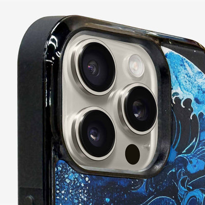 iPhone 16 Pro Case — Nautical Wave Black Blue Ink Wave, Custom Print Case Cover