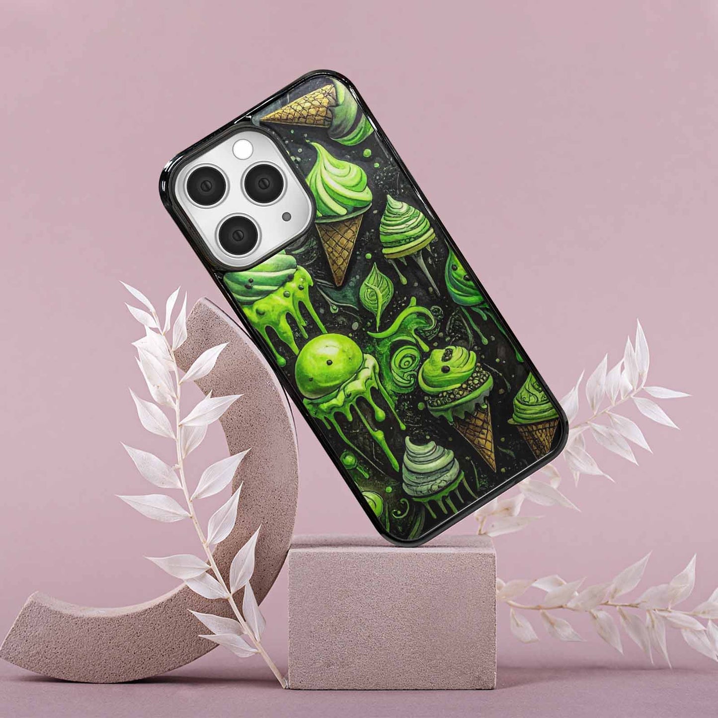 iPhone 15 Pro Max Case — Ice Cream Motif Black Green Ink, Unique Phone Case Design