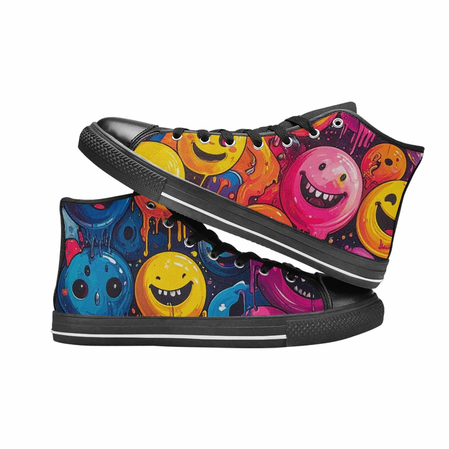 MEN'S Yellow Smiley Face High Top Canvas Neon Fantasy Shoes