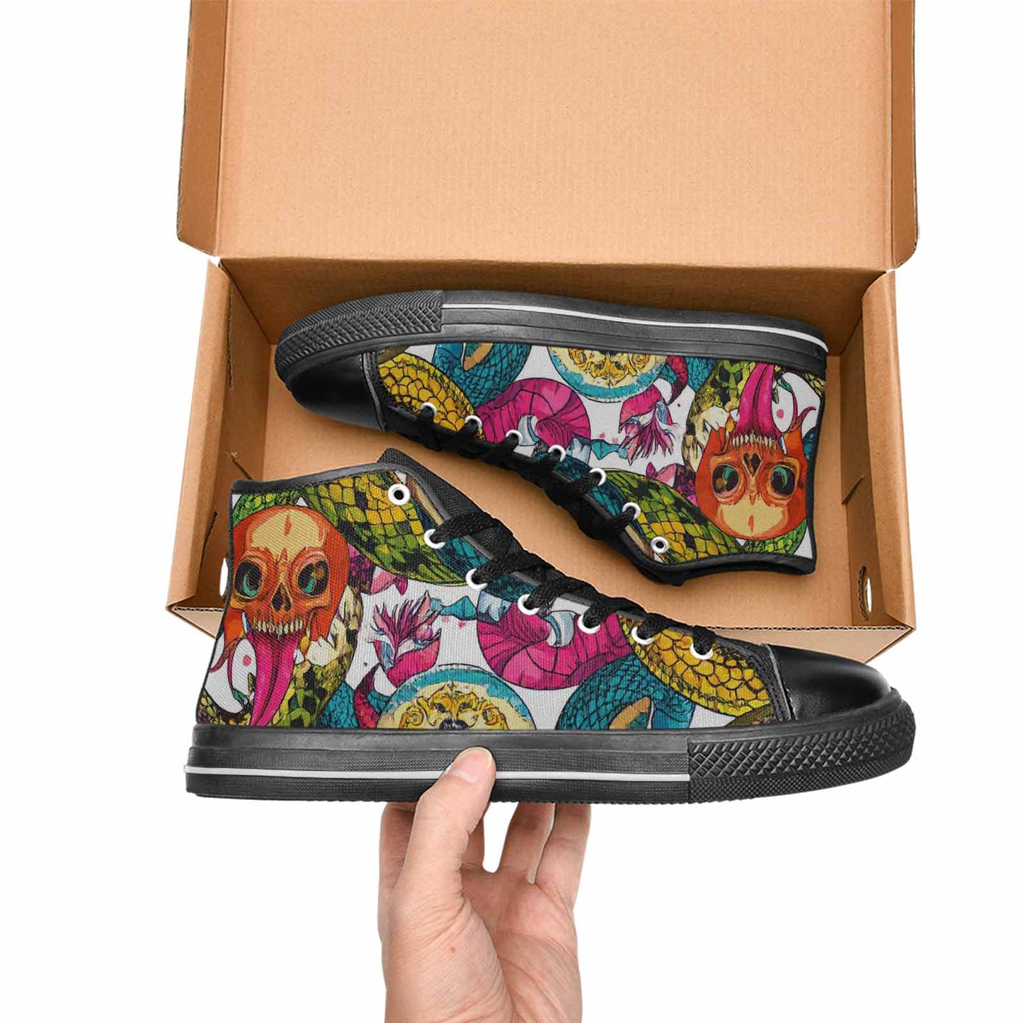 WOMEN'S Snake Print Skull High Top Canvas Vivid Sneakers