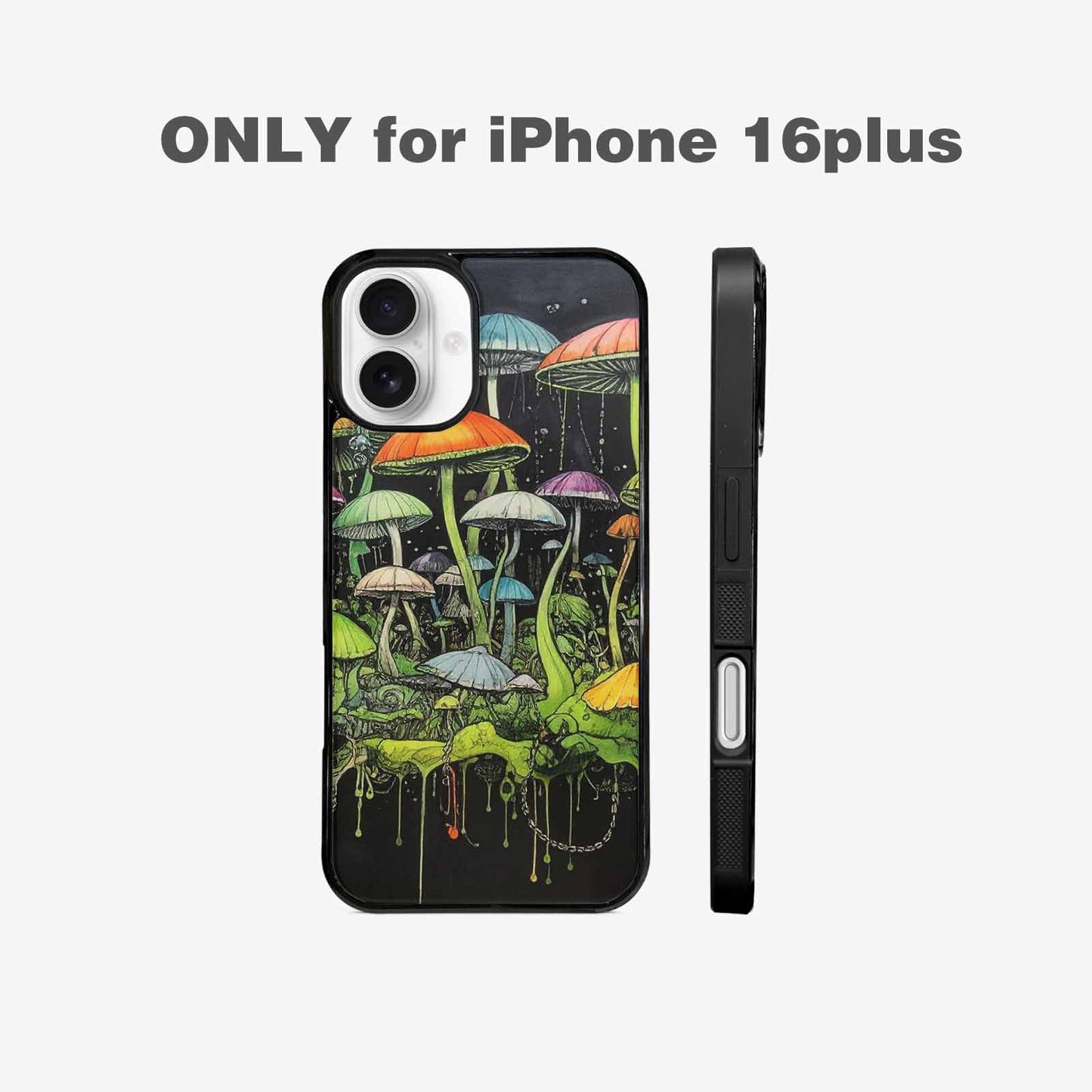 iPhone 16 Plus Case — Rainbow Drip Mushrooms Black Green Ink, Custom Made Phone Cover