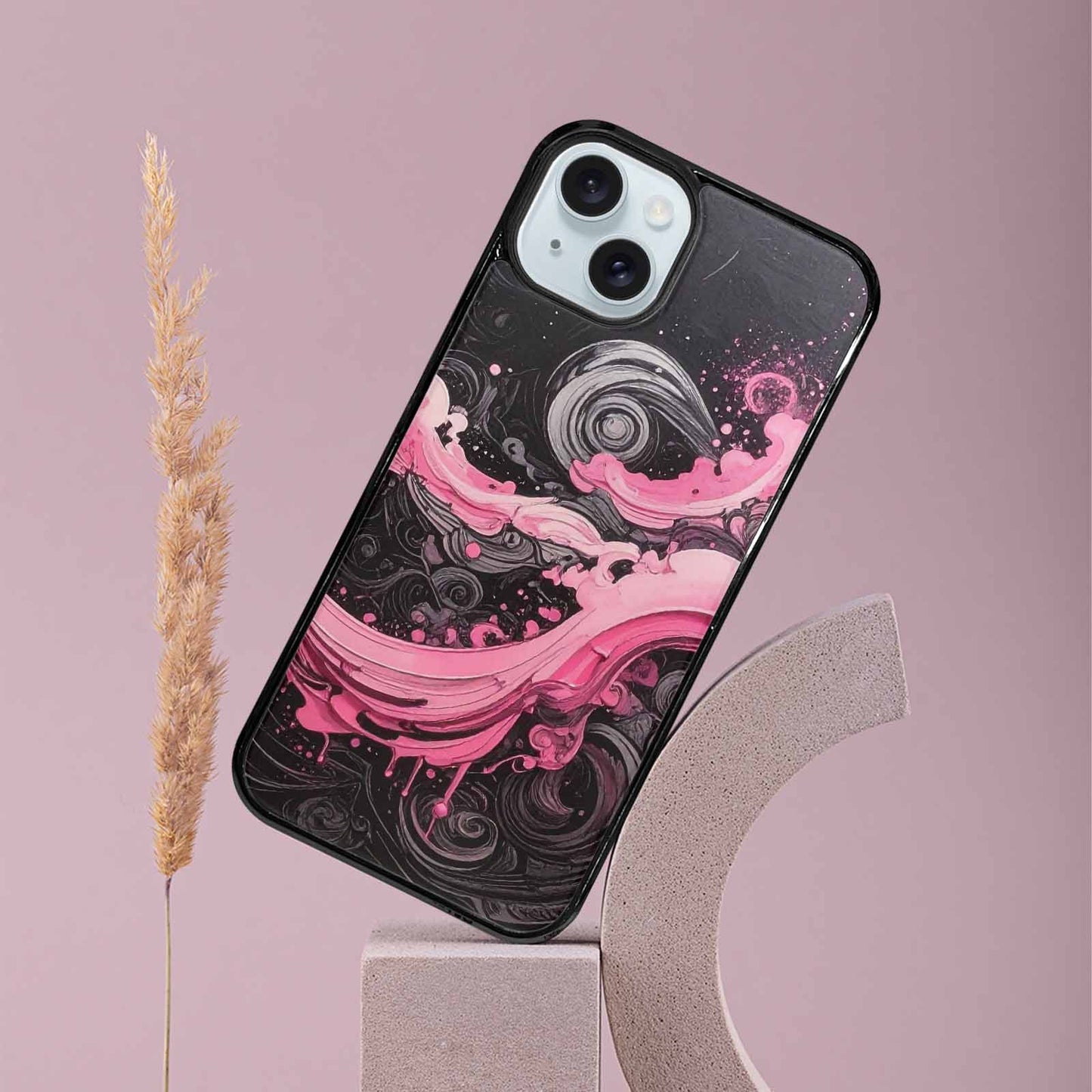 iPhone 15 Plus Case — Van Gogh Swirl Black Pink Ink, Custom Made Phone Cover