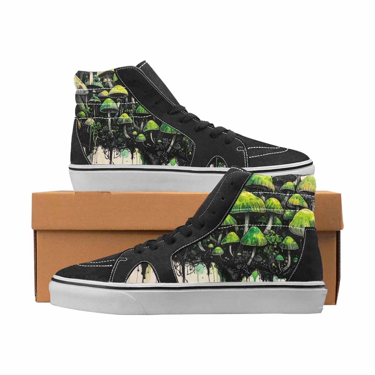 WOMEN'S Mushrooms Black & Green Ink High Top Canvas Statement Aesthetic Custom Art Shoes