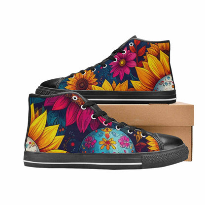 WOMEN'S Sunflower Skulls Print High Top Canvas Wallpaper Art Sneakers