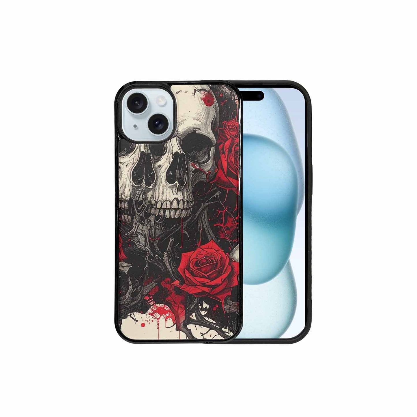iPhone 15 Plus Case — Skull And Roses Black Red Ink, Custom Printed Phone Case