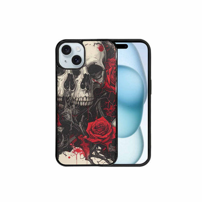 iPhone 15 Plus Case — Skull And Roses Black Red Ink, Custom Printed Phone Case