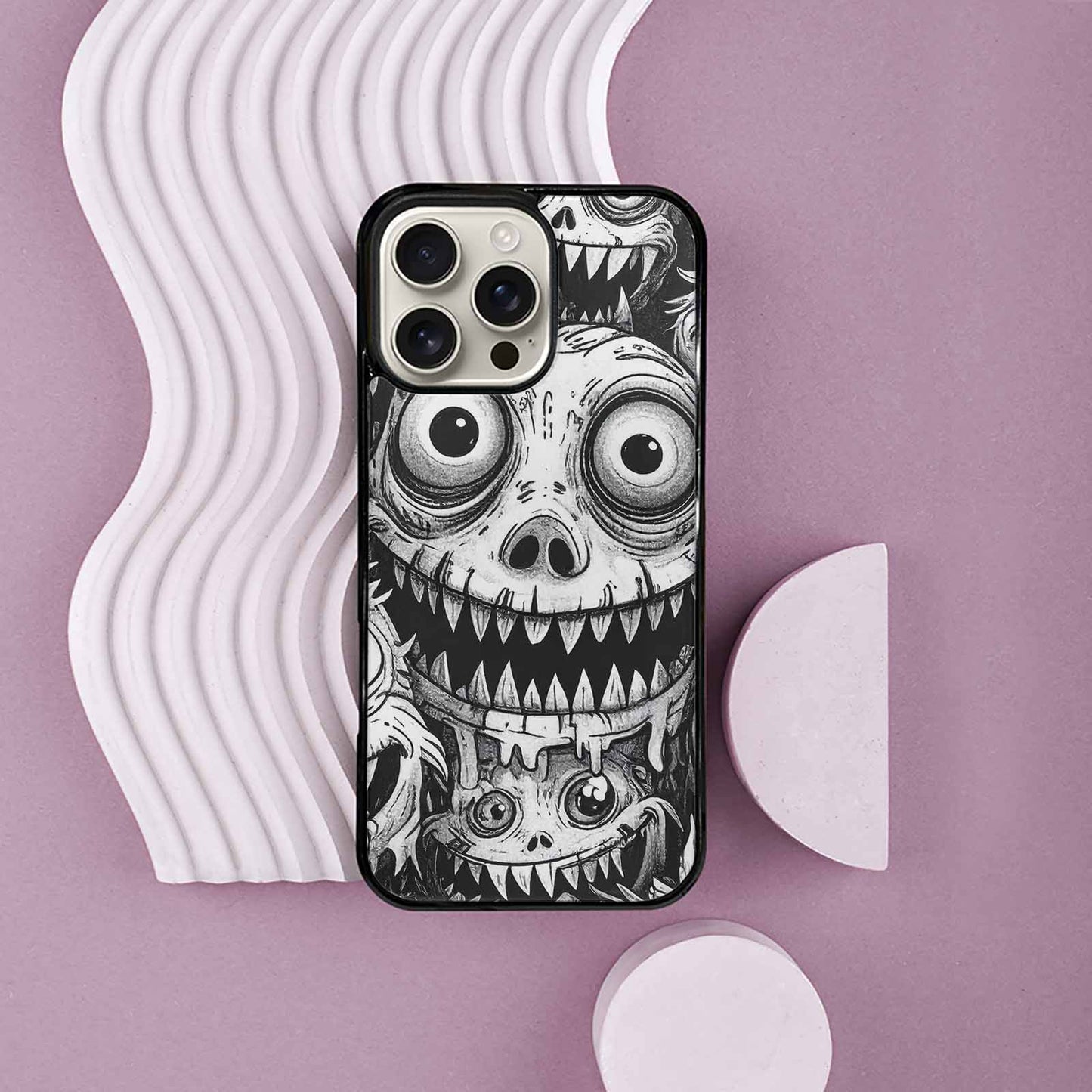 iPhone 16 Pro Max Case — Black And White Monster Face Collage, Custom Designed Case Cover