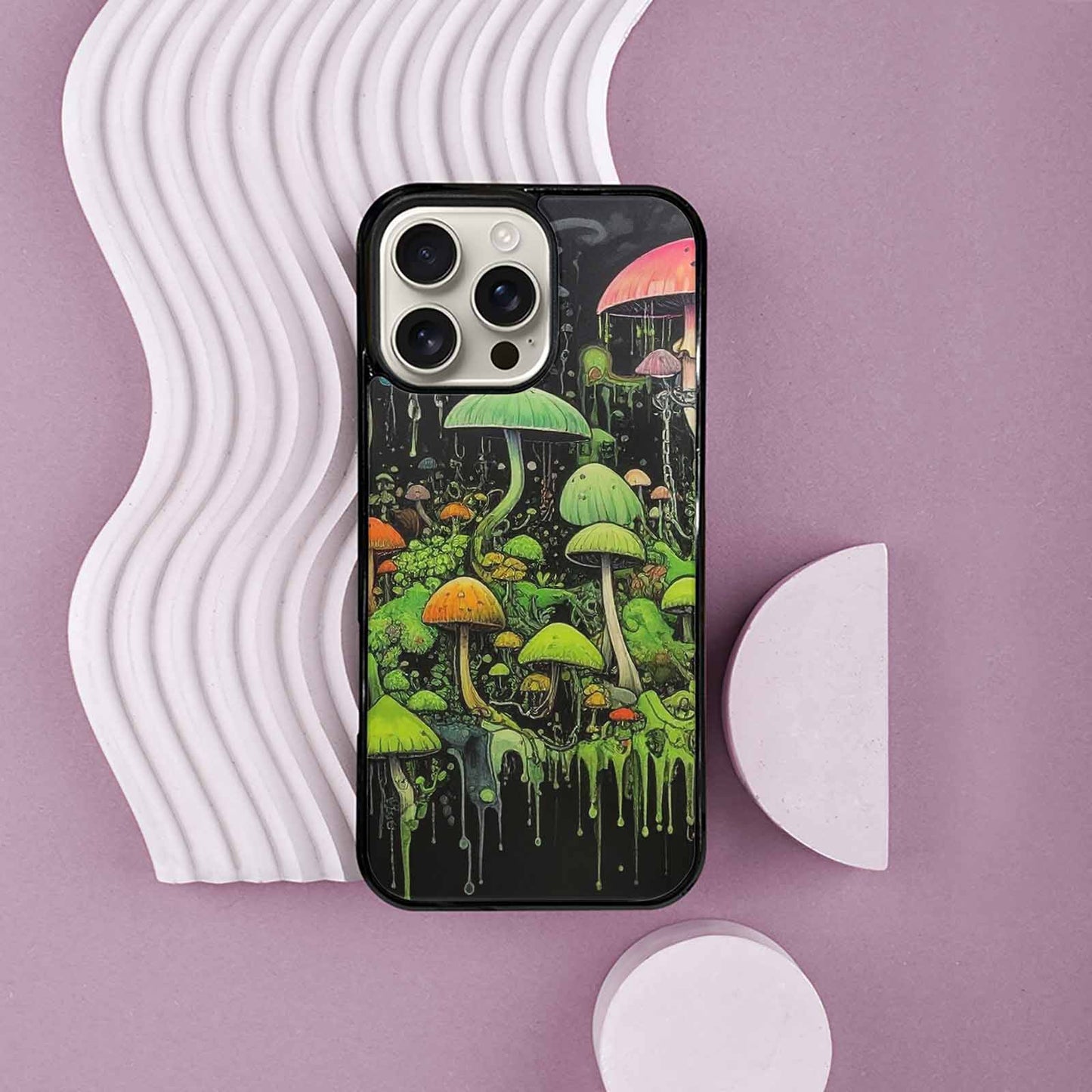 iPhone 16 Pro Max Case — Rainbow Drip Mushrooms Black Green Ink, Original Design Phone Case