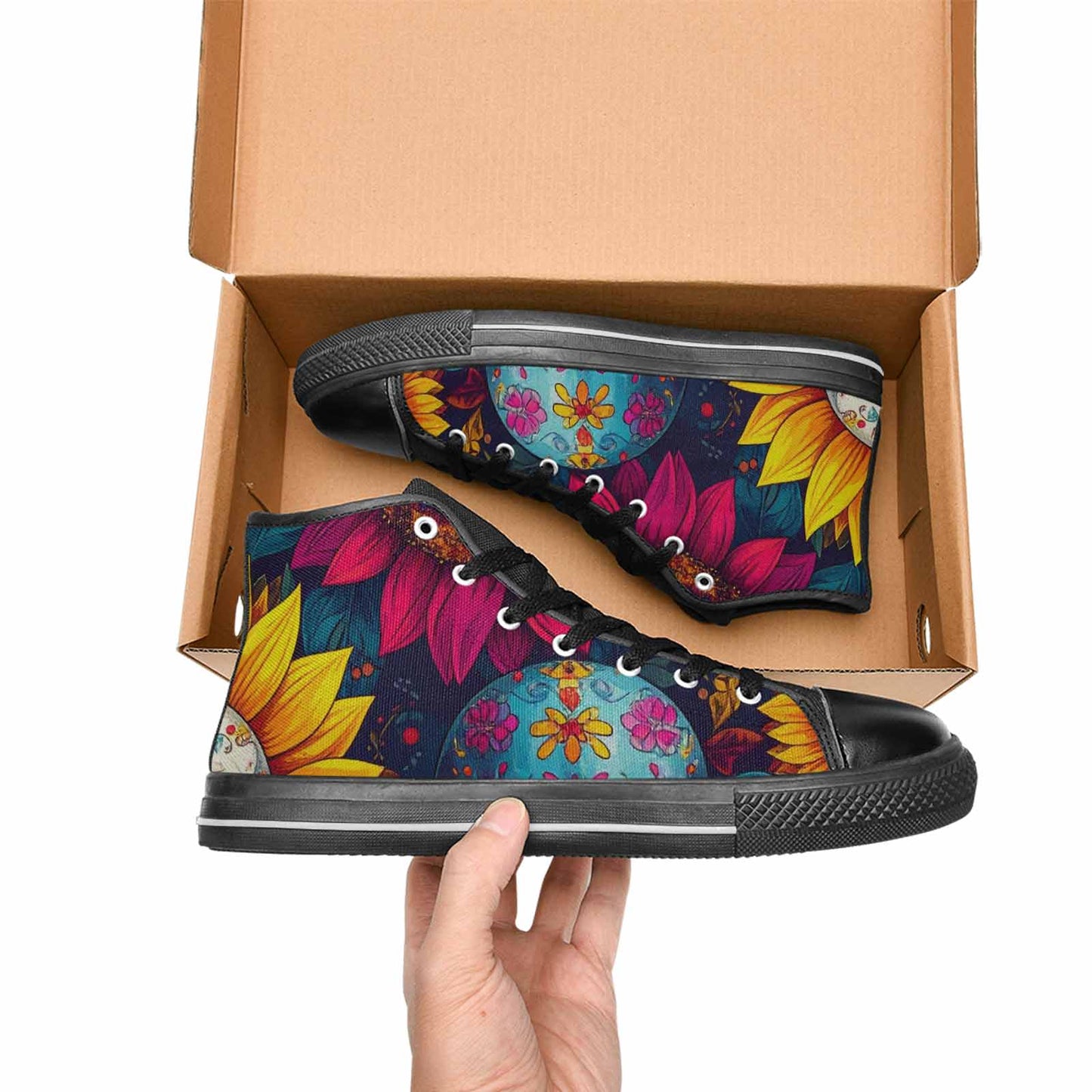 WOMEN'S Sunflower Skulls Print High Top Canvas Wallpaper Art Sneakers