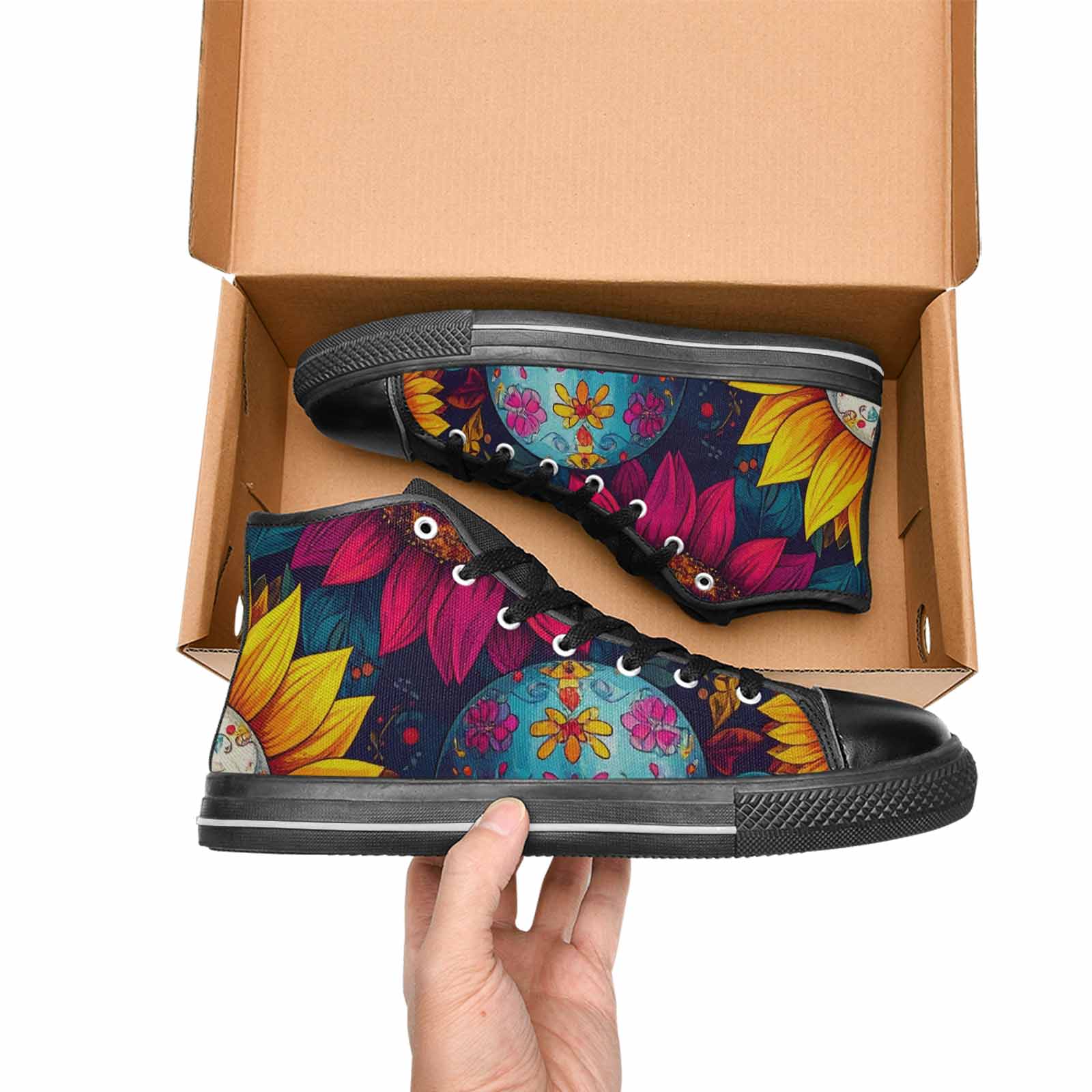 WOMEN'S Sunflower Skulls Print High Top Canvas Wallpaper Art Sneakers