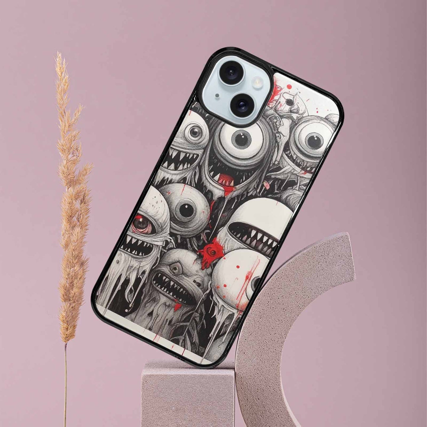iPhone 15 Plus Case — Multi Eye Monster Black Red Ink, Custom Print Case Cover