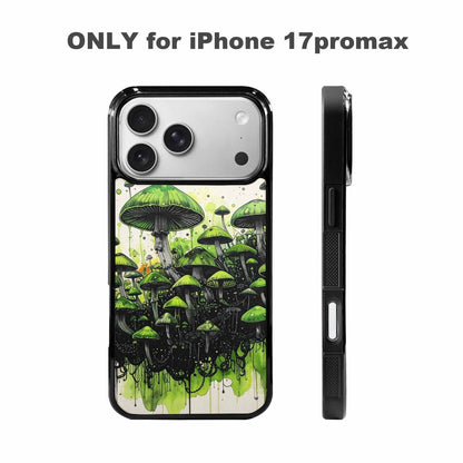 iPhone 17 Pro Max Case — Rainbow Drip Mushrooms Black Original Art, Custom Printed Phone Case