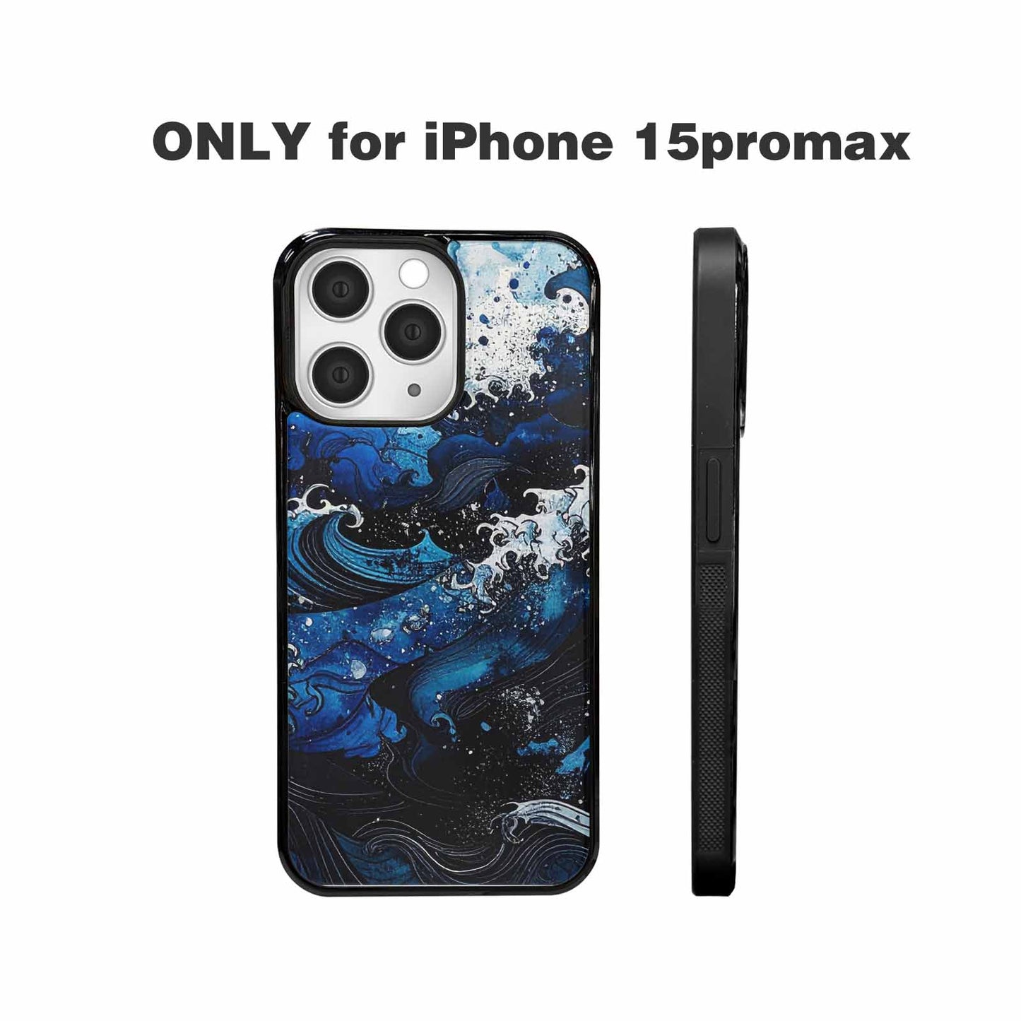 iPhone 15 Pro Max Case — Nautical Wave Black Blue Ink Wave, Custom Made Phone Cover