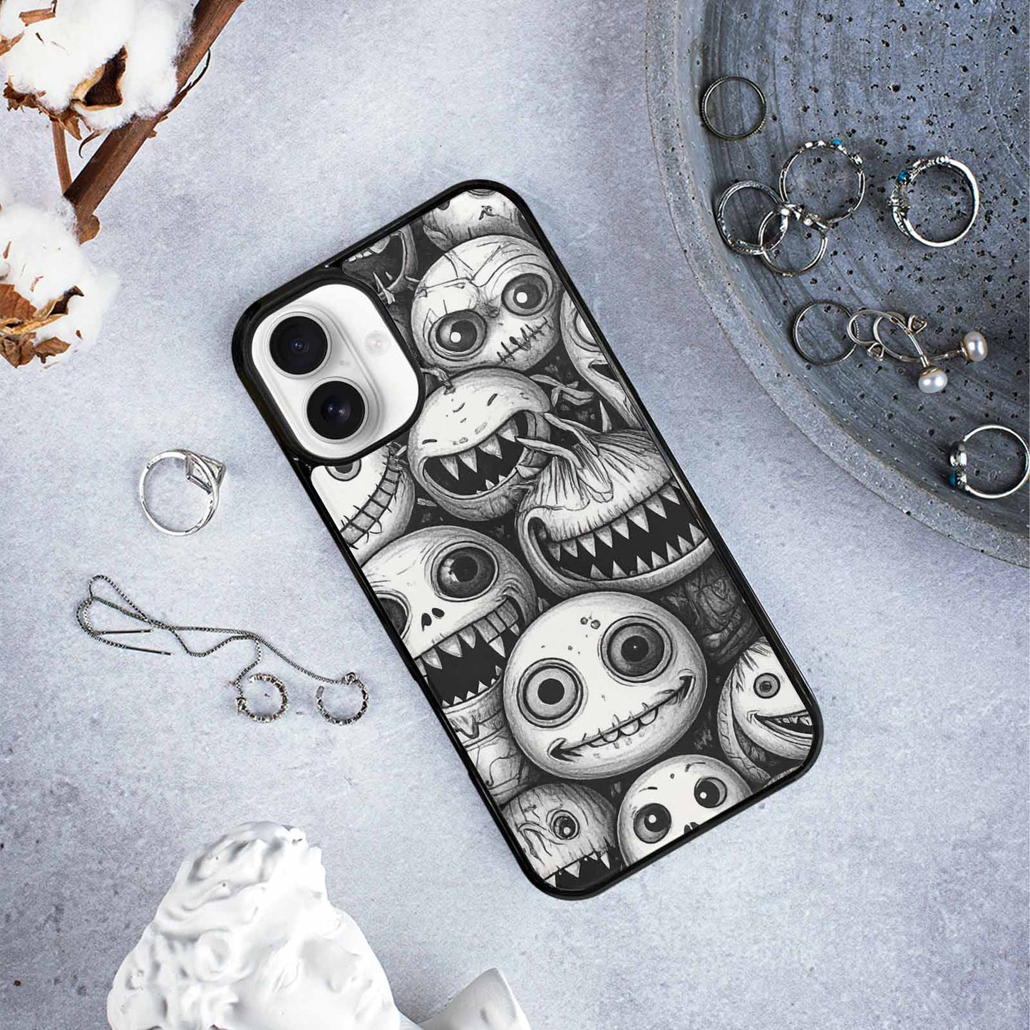 iPhone 16 Plus Case — Black And White Monster Face Collage, Custom Print Case Cover