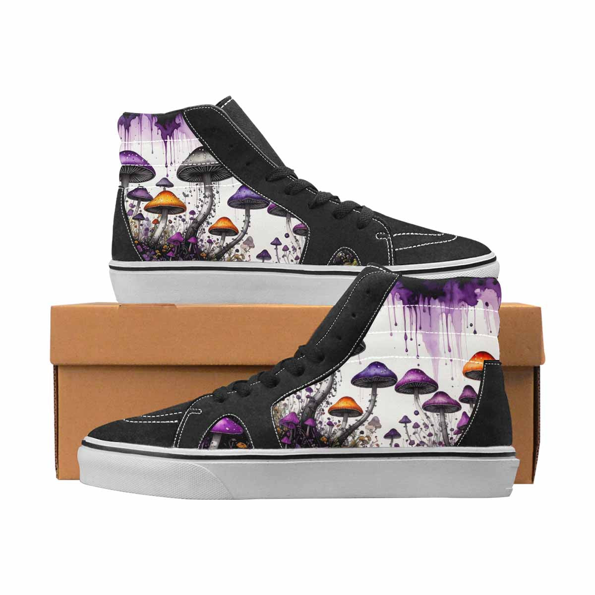 WOMEN'S Mushrooms Black & Purple Ink High Top Canvas Custom Fashion Melting Art Customized Sneakers