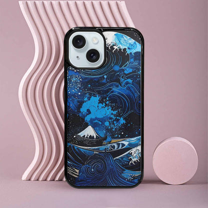 iPhone 15 Case — Nautical Wave Black Blue Ink Wave, Custom Designed Case Cover