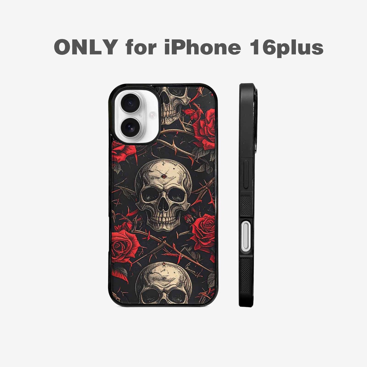 iPhone 16 Plus Case — Gothic Skulls Roses, Custom Printed Phone Case