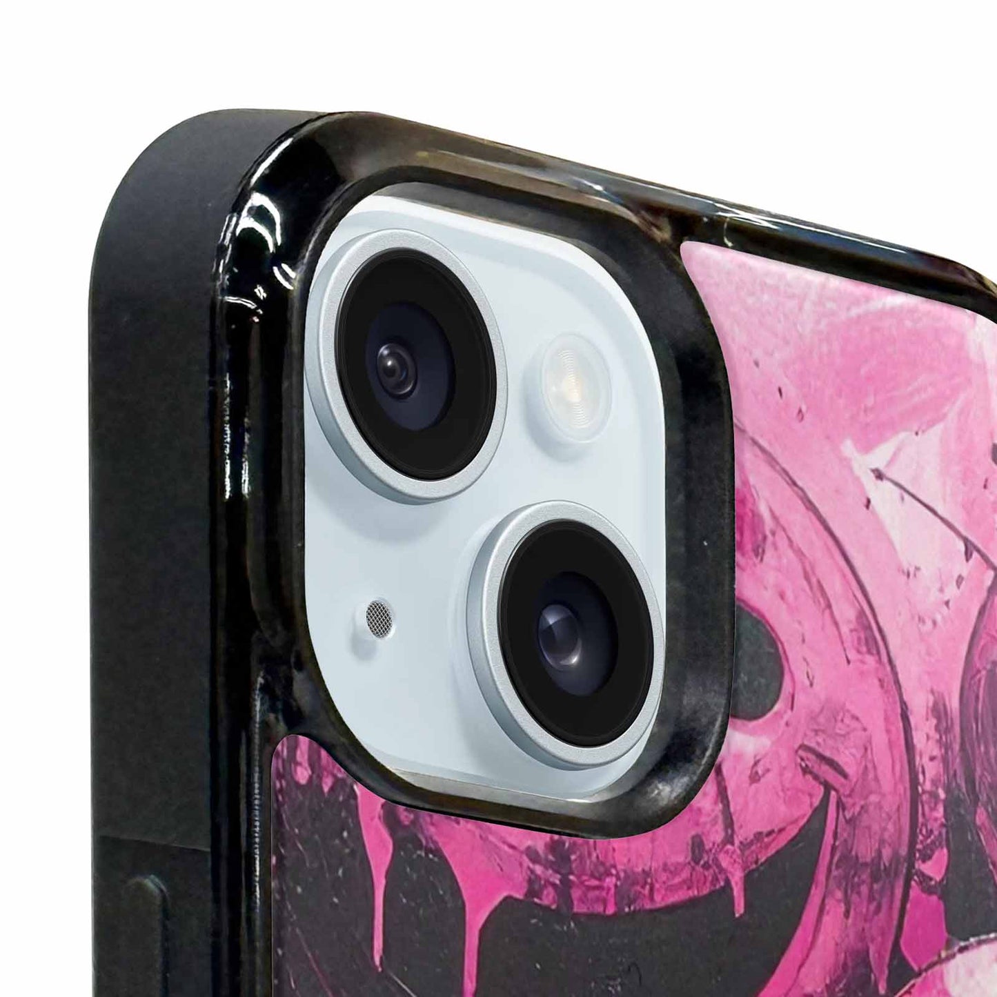 iPhone 15 Plus Case — Melting Moon Smiley Black Pink Ink, Original Design Phone Case