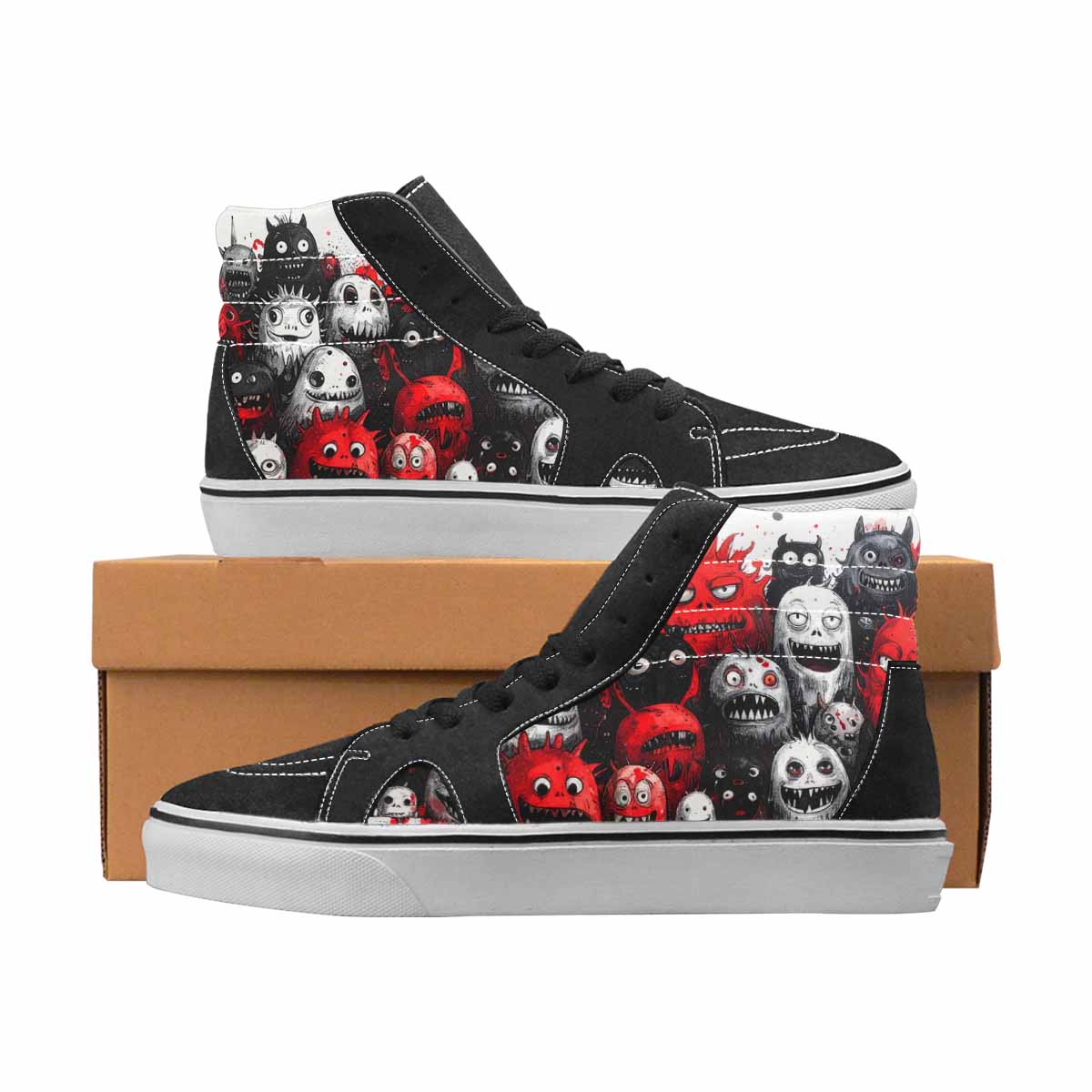 WOMEN'S Monsters Black & Red Ink High Top Canvas Custom Design Grunge Custom Canvas Shoes