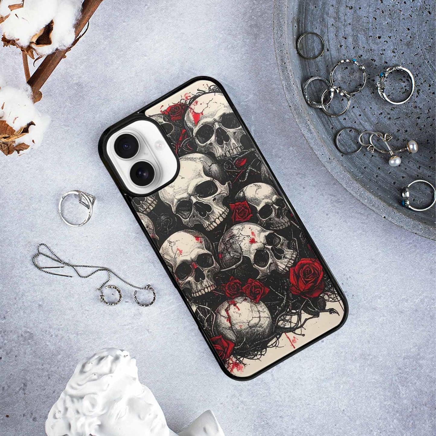 iPhone 16 Plus Case — Skull And Roses Black Red Ink, Custom Printed Phone Case