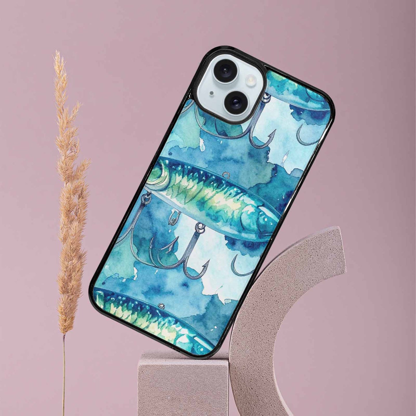 iPhone 15 Plus Case — Fishing Lure And Hook Pattern Seamless, Customized Protective Case