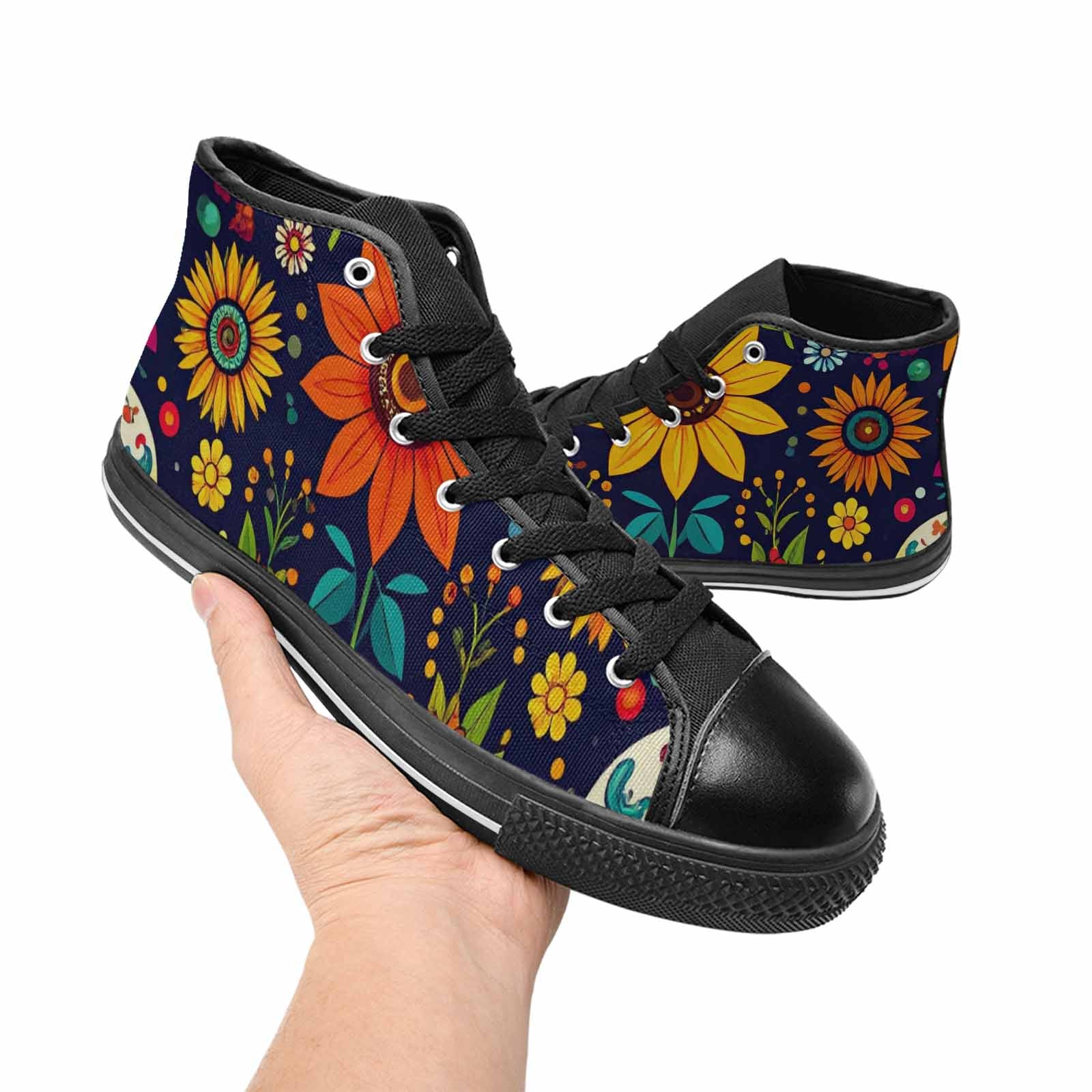 WOMEN'S Sunflowers And Skulls High Top Canvas Wallpaper Art Shoes