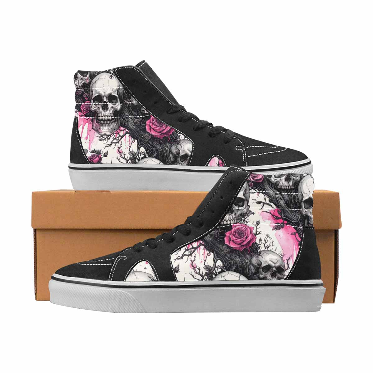 WOMEN'S Skulls Black & Pink Ink High Top Canvas Custom Design Cottagecore Custom Art Shoes