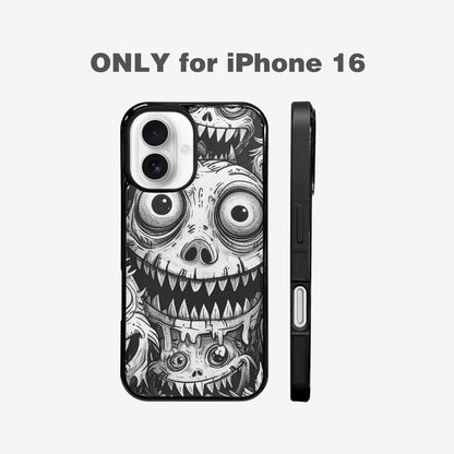 iPhone 16 Case — Black And White Monster Face Collage, Custom Printed Phone Case