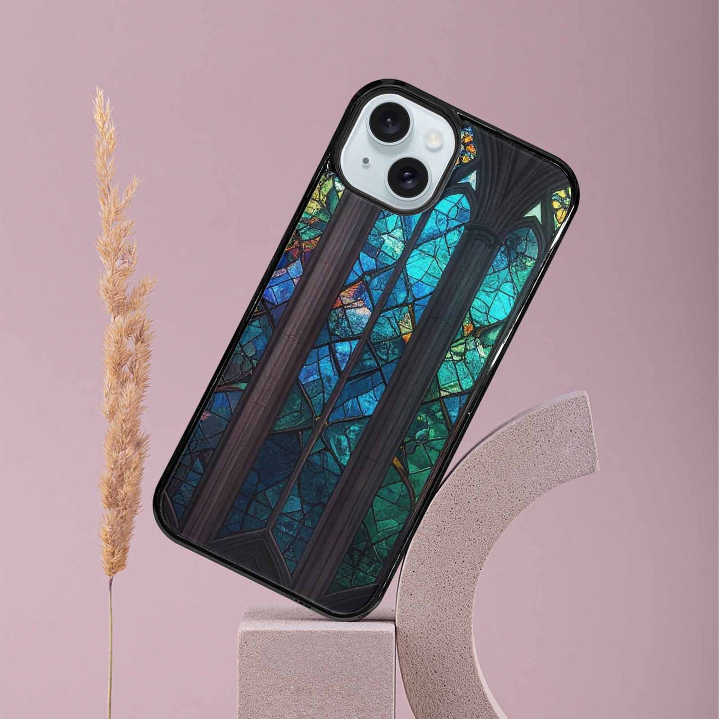 iPhone 15 Plus Case — Stained Glass Cathedral, Custom Printed Phone Case