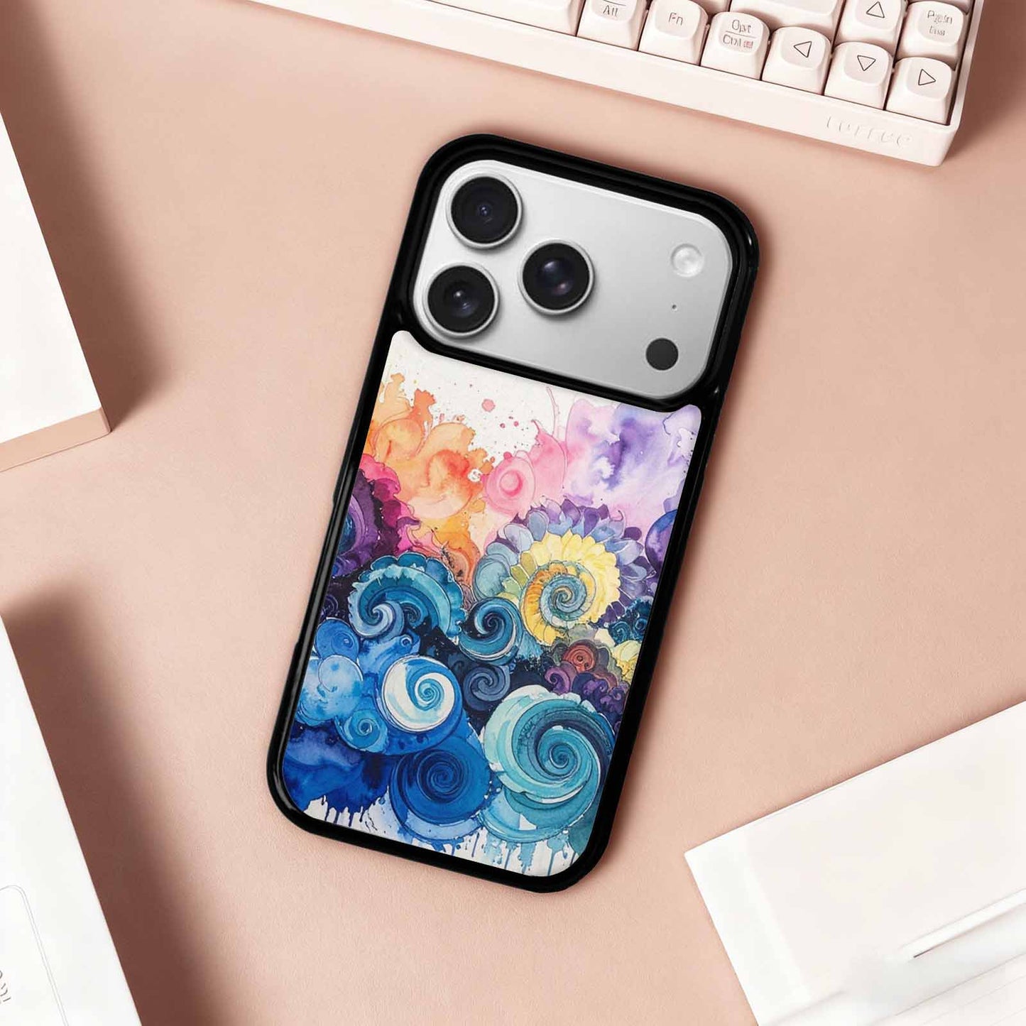 iPhone 17 Pro Case — Tie Dye Swirls Black Blue Tie, Custom Art Phone Cover