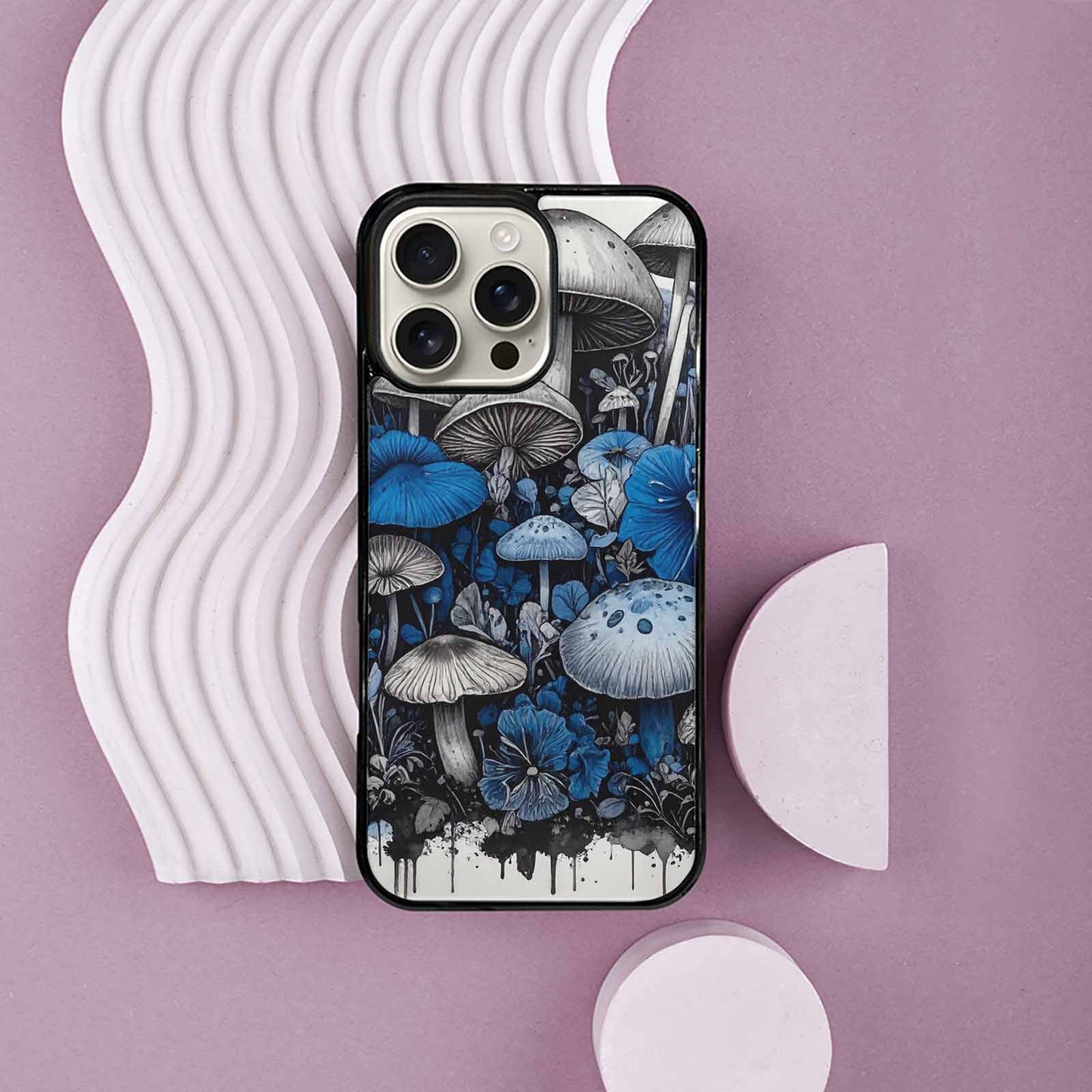 iPhone 16 Pro Max Case — Mushrooms General Black Blue Ink Mushrooms, Custom Phone Case