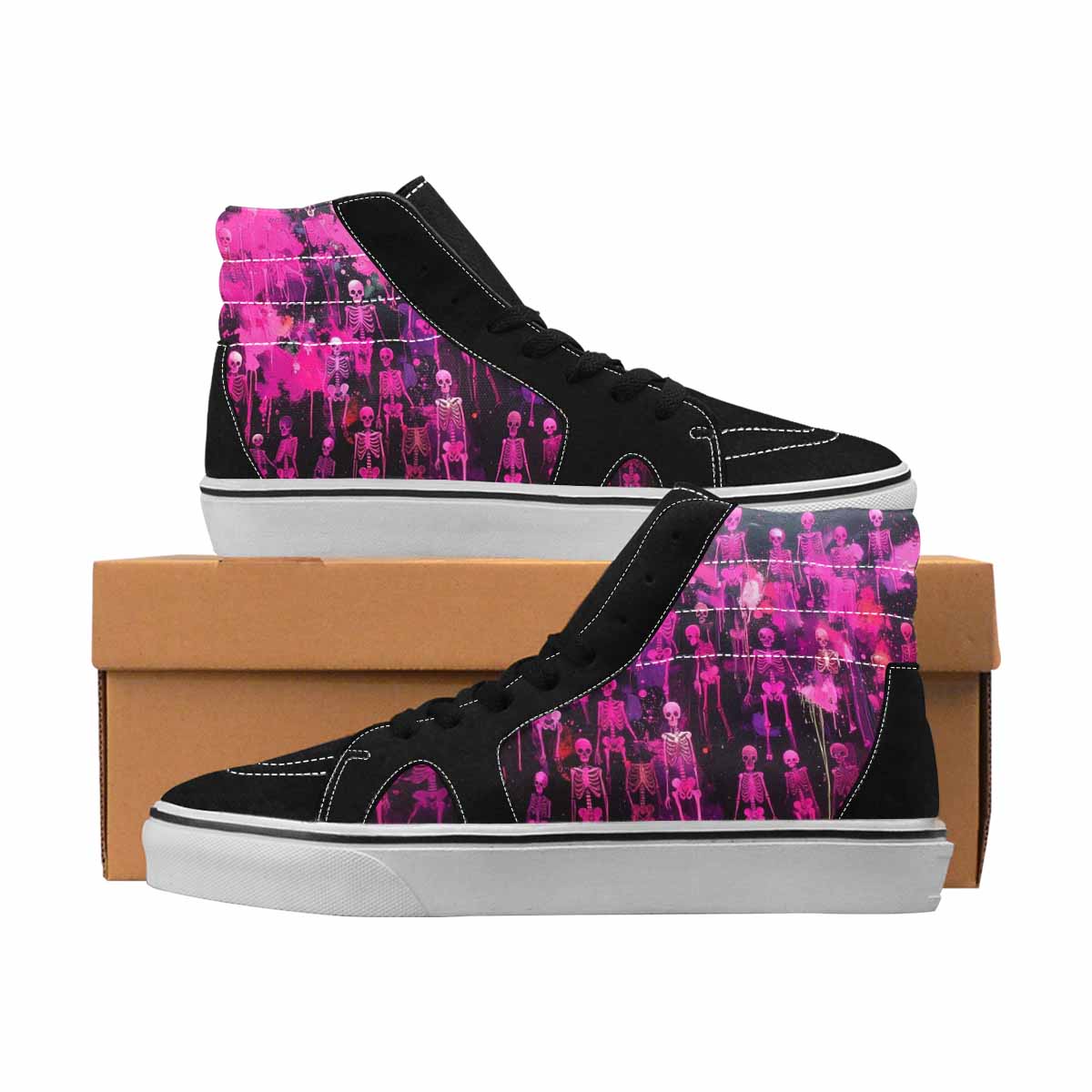 MEN'S Skulls Neon Pink Glow High Top Canvas Made To Order Wallpaper Art Shoes