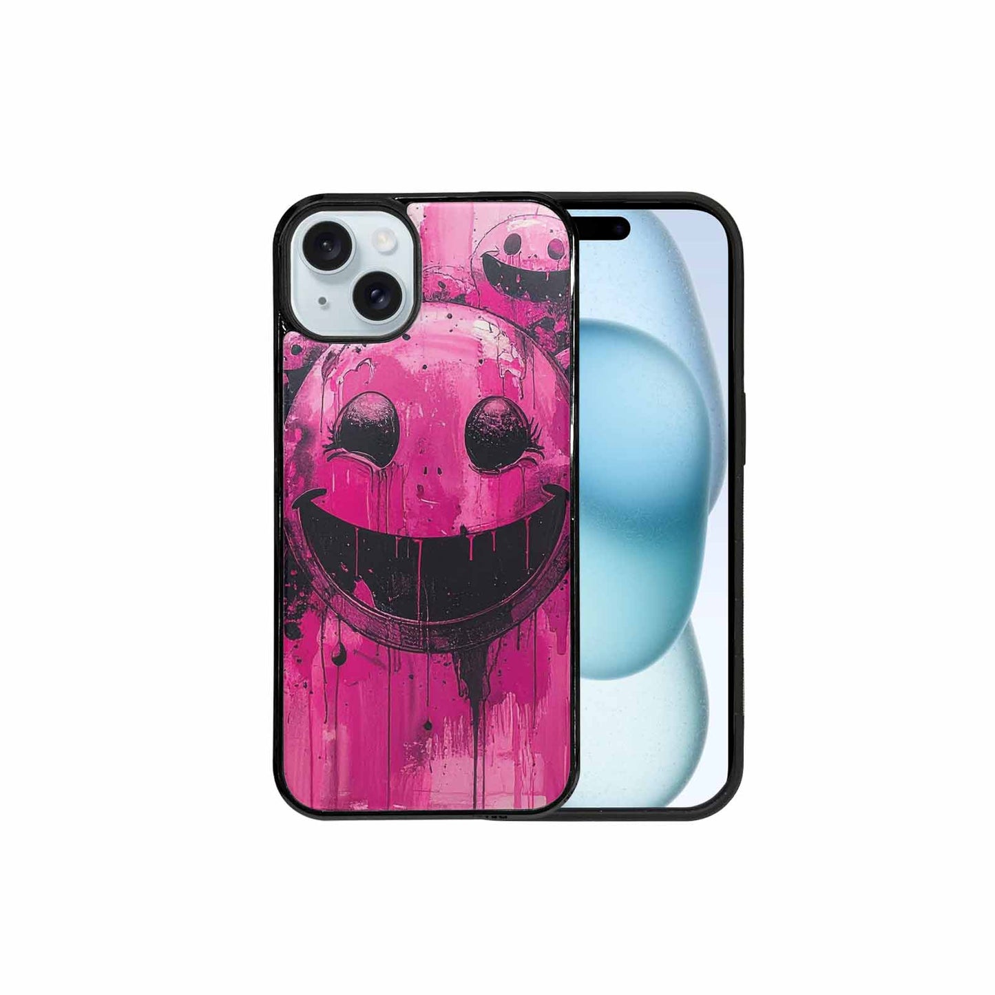 iPhone 15 Plus Case — Melting Moon Smiley Black Pink Ink, Custom Phone Case