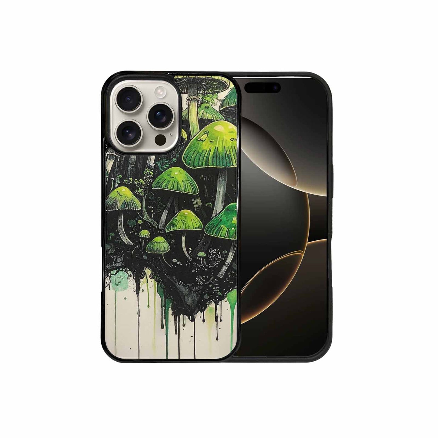 iPhone 16 Pro Max Case — Rainbow Drip Mushrooms Black Green Ink, Original Design Phone Case