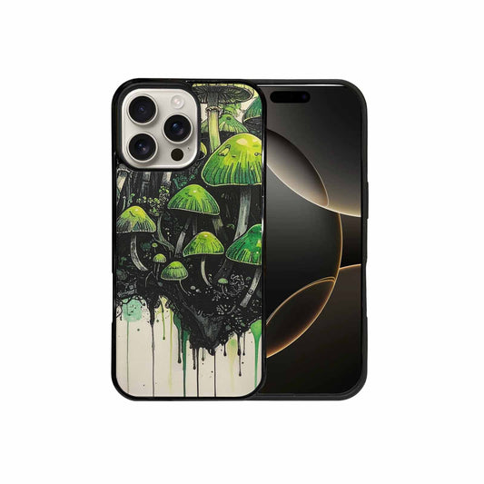 iPhone 16 Pro Max Case — Rainbow Drip Mushrooms Black Green Ink, Original Design Phone Case