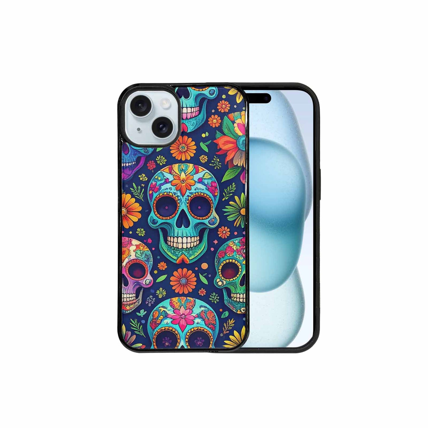 iPhone 15 Plus Case — Rainbow Sugar Skull Weave, Custom Printed Phone Case