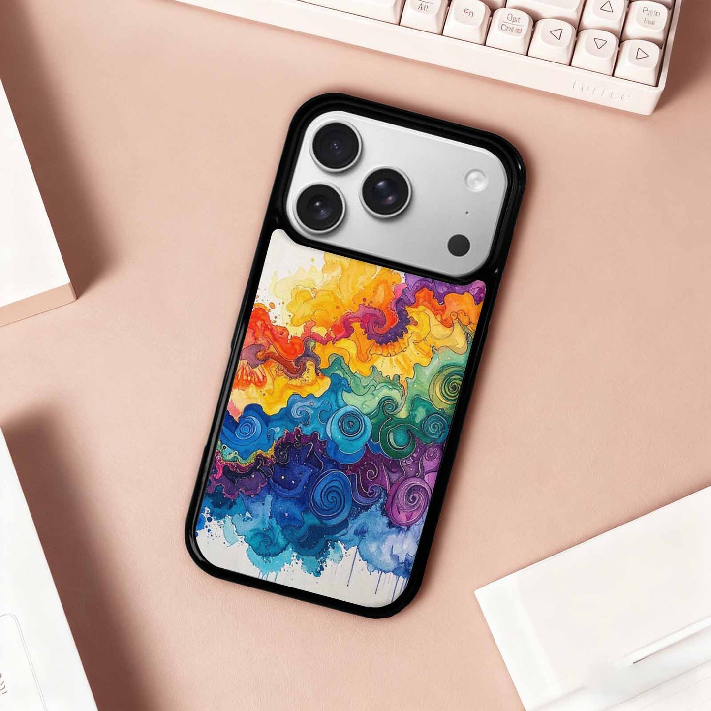 iPhone 17 Pro Case — Tie Dye Swirls Black Blue Tie, Custom Designed Case Cover