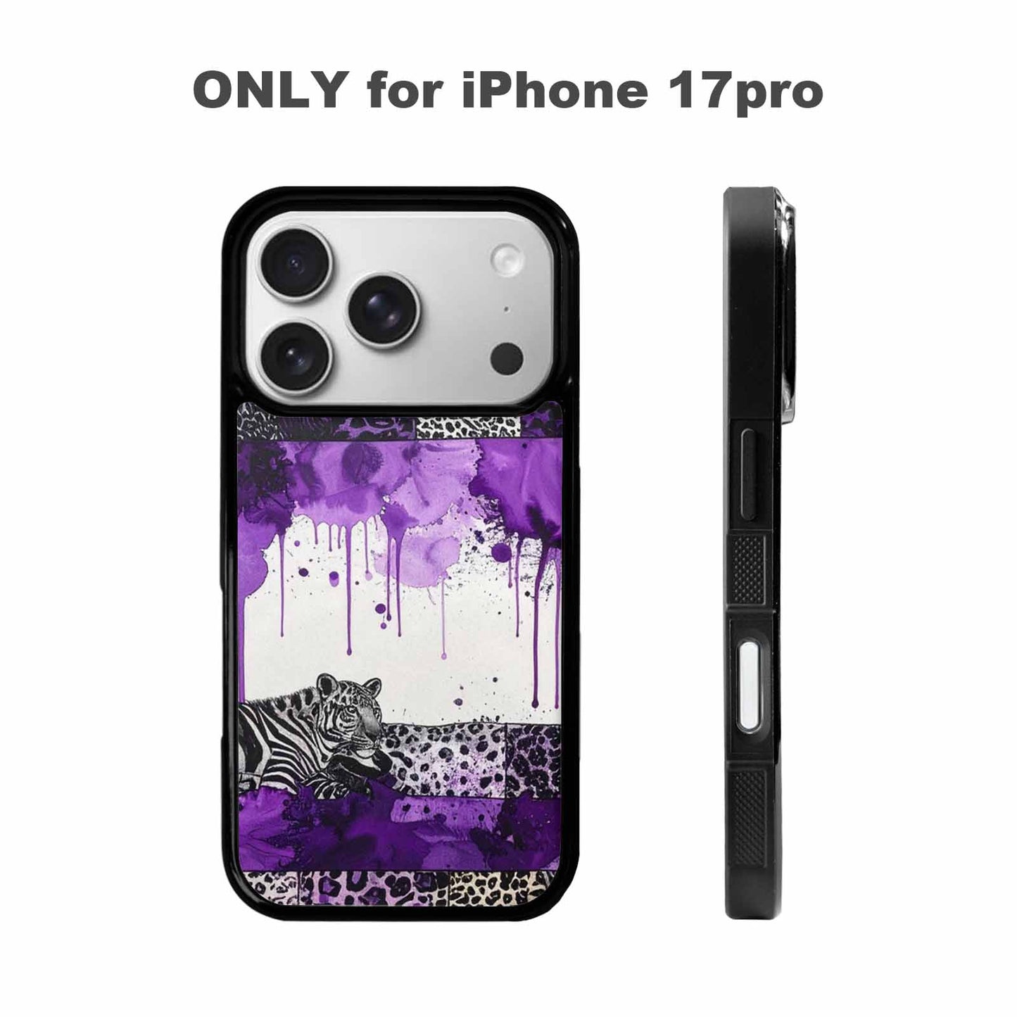 iPhone 17 Pro Case — Black Purple Ink Animal Print Animal, Custom Designed Case Cover