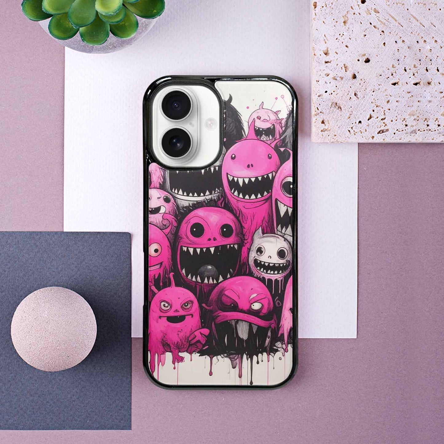iPhone 16 Case — Monsters General Black Pink Ink Cartoon, Custom Made Phone Cover