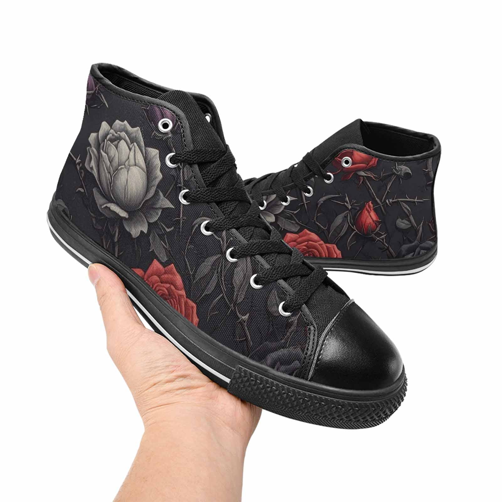 MEN'S Black Gothic Rose High Top Canvas Grunge Custom Shoes