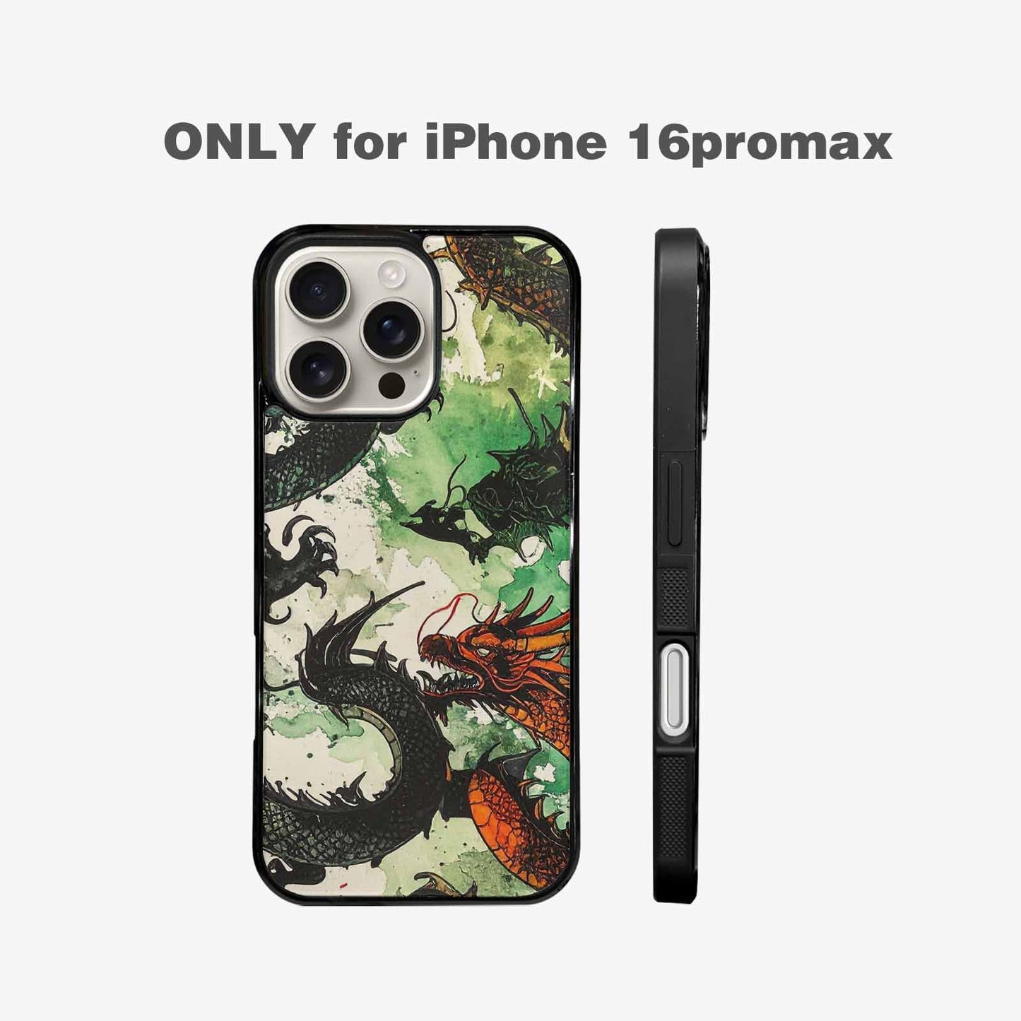 iPhone 16 Pro Max Case — Dragon Scale Black Green Ink Dragons, Custom Printed Phone Case